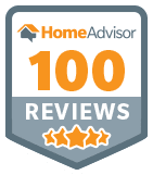 Shield-shaped badge with the HomeAdvisor logo, "100 Reviews" text, and five stars below.
