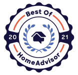 Circular badge with text "Best Of HomeAdvisor 2021" around a house icon and laurel design.