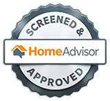 Logo with text "Screened & Approved" and "HomeAdvisor" beside an icon of a house with a checkmark.